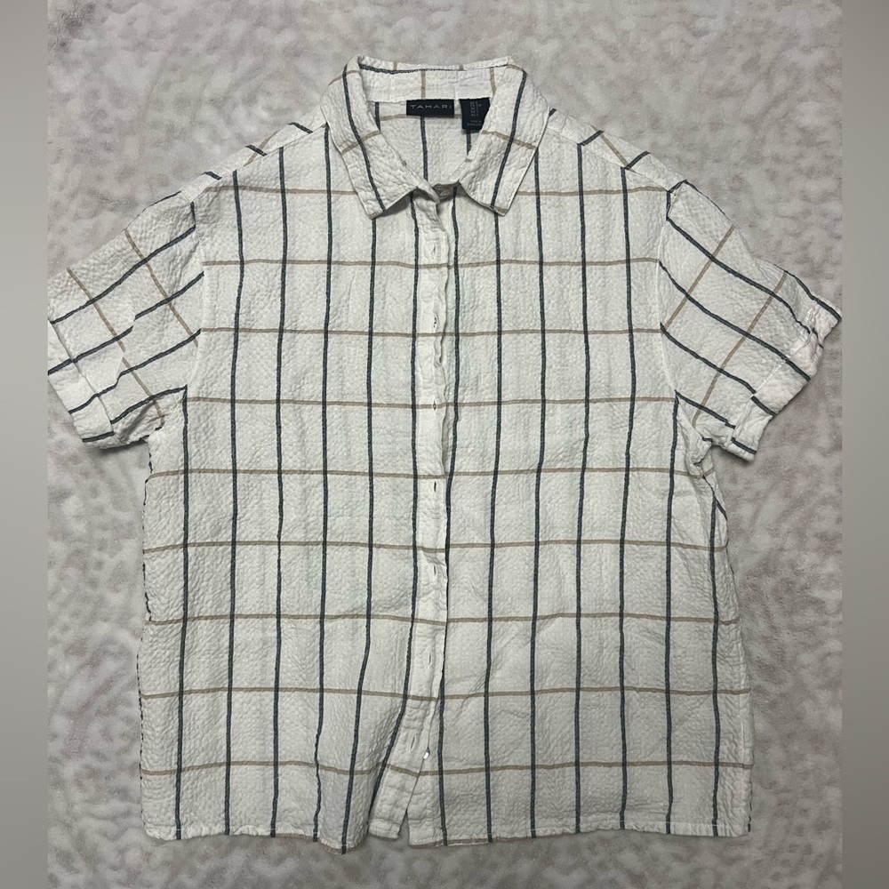 Tahari Women’s White Plaid Linen Cotton Blend Button Down Top | Size S - Picture 2 of 9